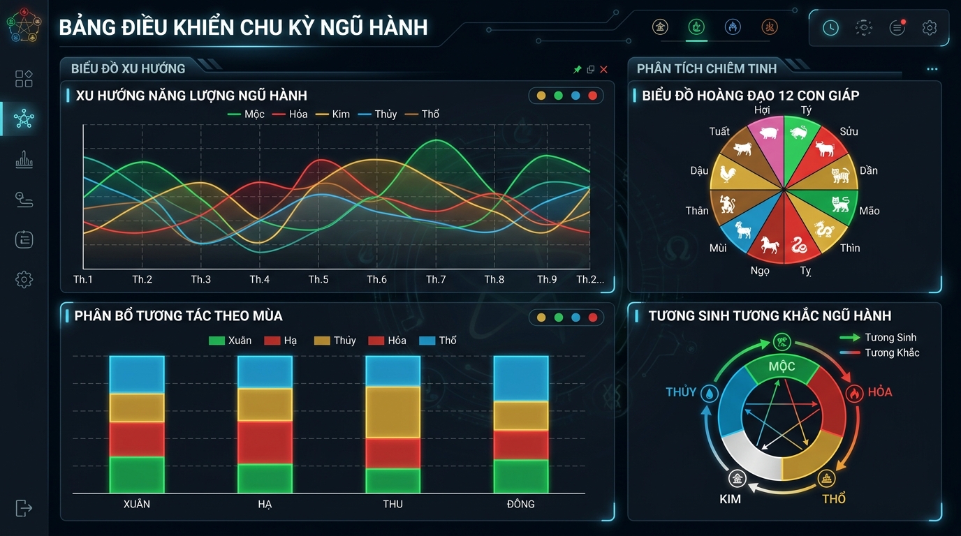 Giao diện Bảng điều khiển chu kỳ Ngũ Hành trên nền tối, hiển thị trực quan các hệ thống biểu đồ đường, cột đa màu sắc và sơ đồ tròn Can Chi chi tiết.