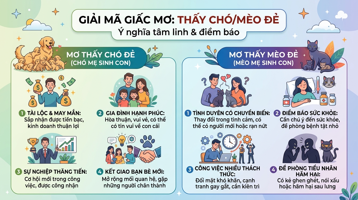 Giải mã điềm báo nằm mơ thấy chó sinh con, mèo đẻ con