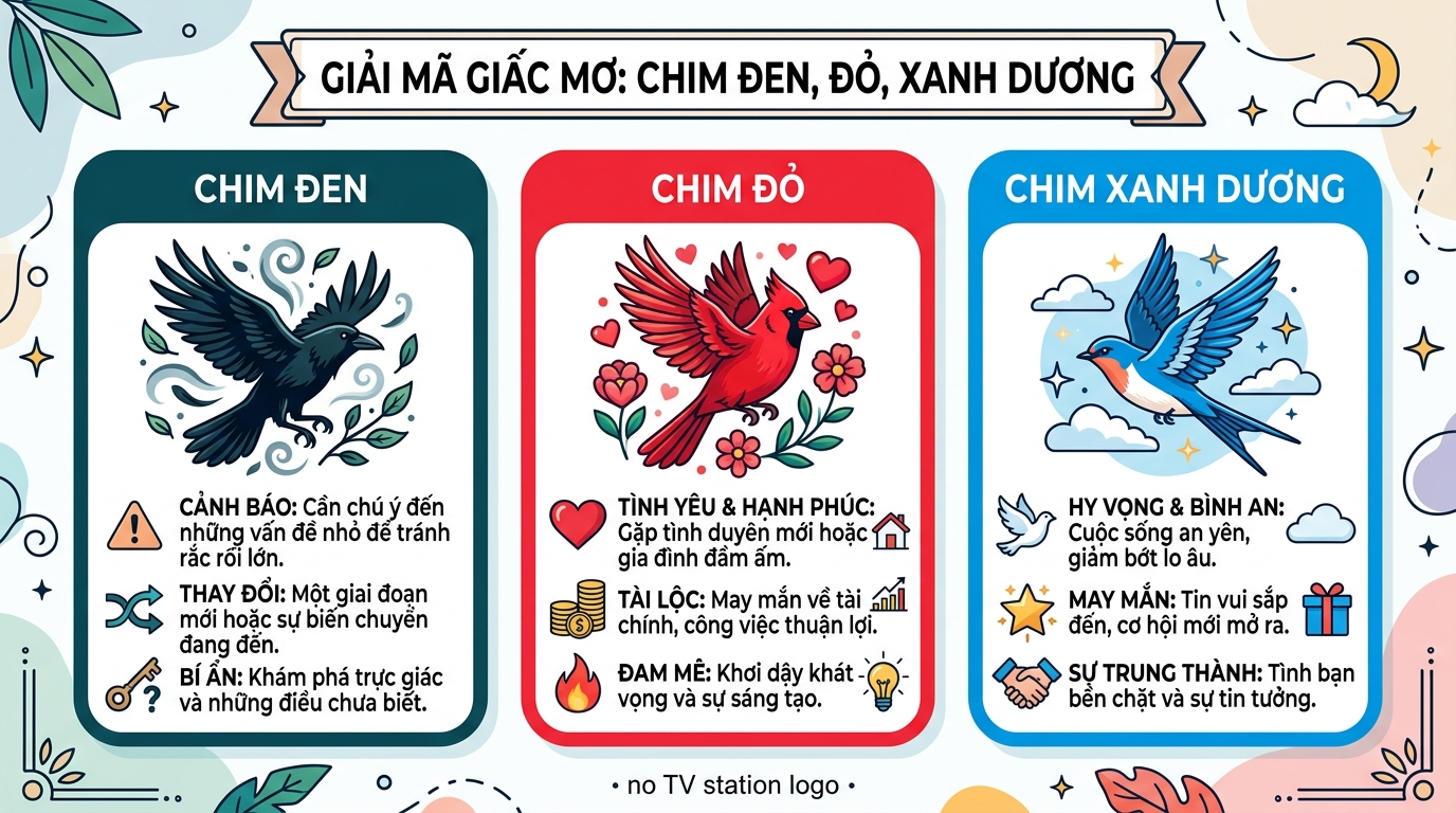 Ý nghĩa giấc mơ thấy chim màu đen, màu đỏ, màu xanh