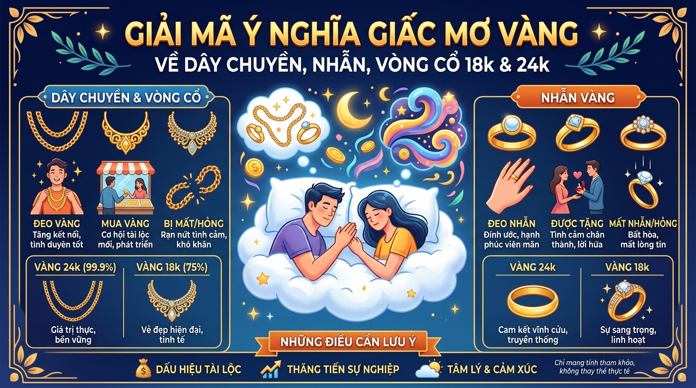 Giải mã điềm báo nằm mơ thấy dây chuyền vàng 18k, 24k, nhẫn và dây chuyền vàng
