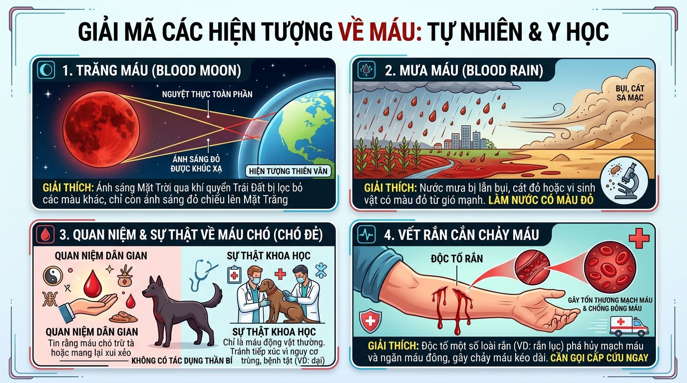 Giải mã hiện tượng trăng máu, mưa máu, máu chó, rắn cắn chảy máu
