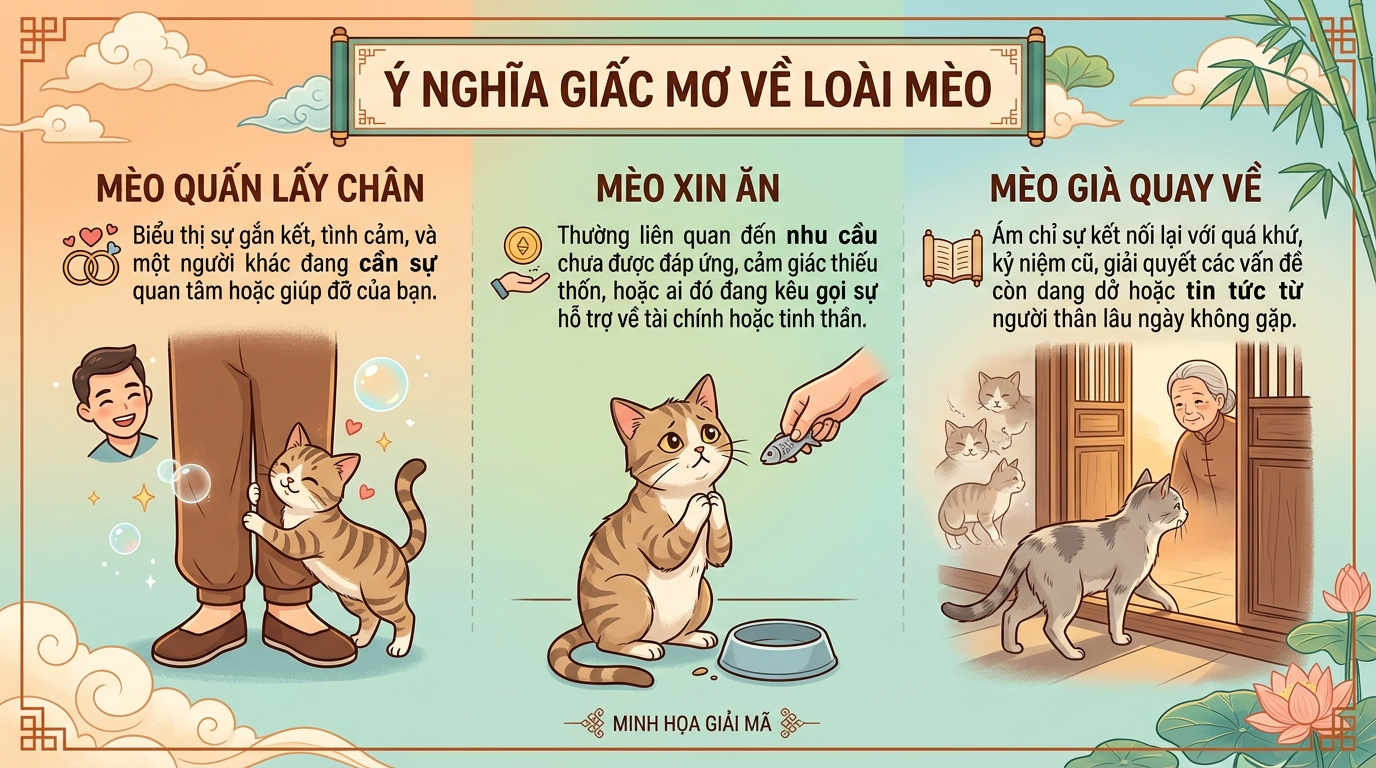 Ý nghĩa mơ thấy mèo quấn chân, xin ăn và mèo cũ quay về