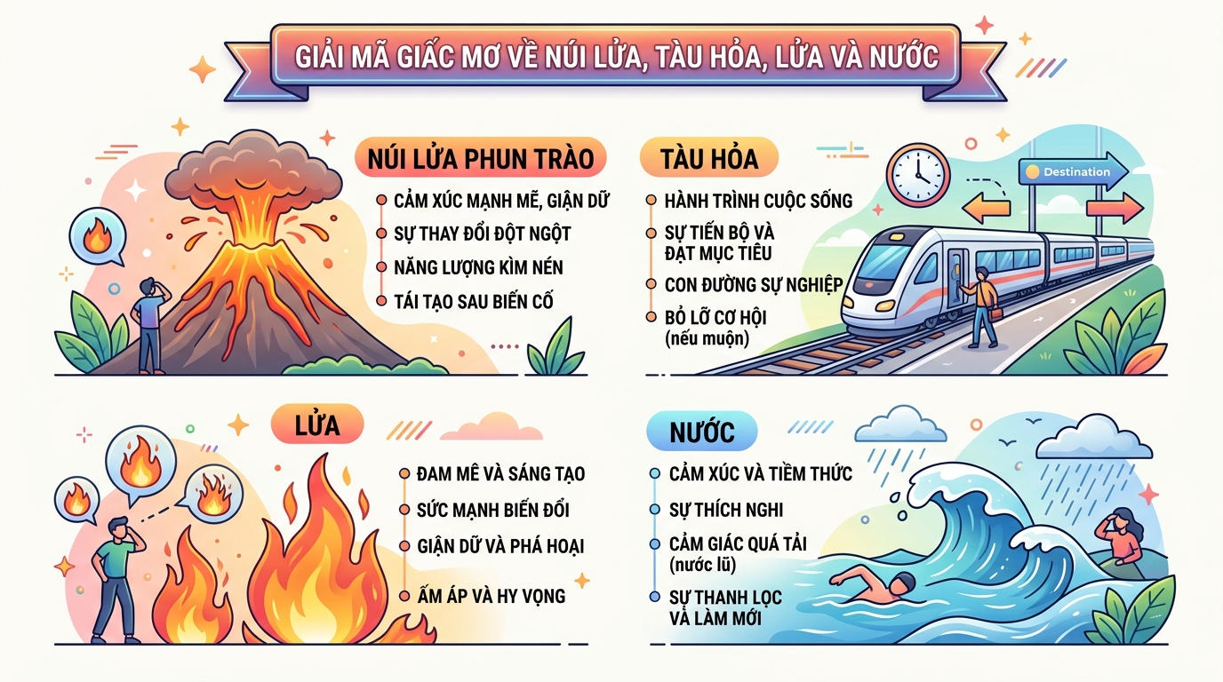 Giải mã nằm mơ thấy núi lửa phun trào, tàu lửa, lửa và nước