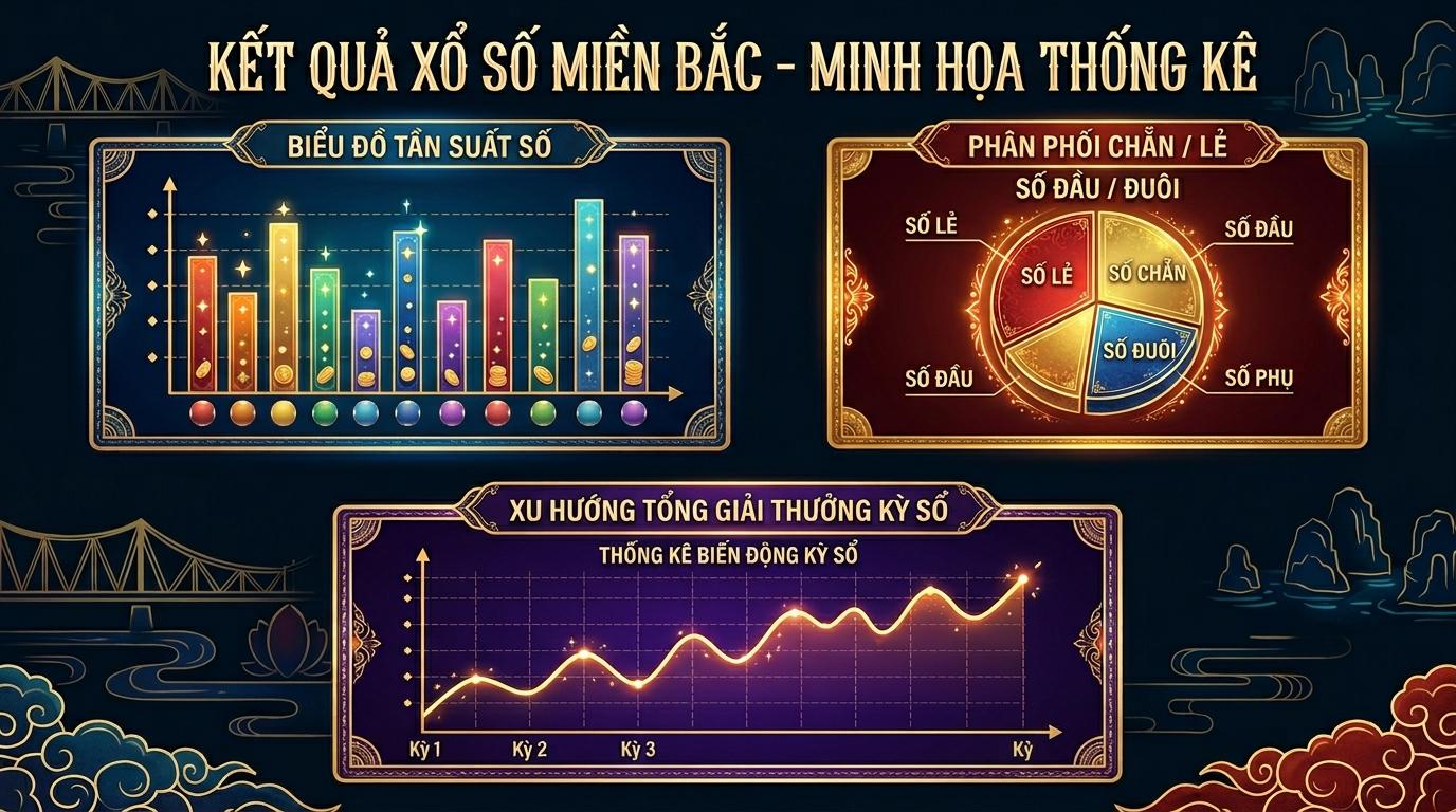 Ba khung hình chứa biểu đồ cột đứng, biểu đồ hình tròn phân mảnh và đồ thị đường nét liền đặt trên phông nền tối.