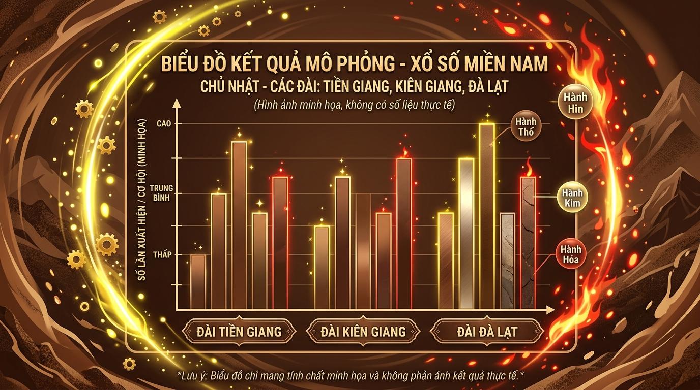 Biểu đồ cột màu nâu của hành Thổ chiếm ưu thế tuyệt đối, bao quanh là các đốm sáng màu vàng và đỏ của Kim và Hỏa.