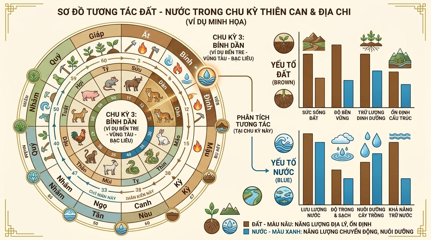 Sơ đồ tròn Can Chi Thứ 3 kết hợp cùng biểu đồ cột màu nâu và xanh dương, thể hiện sự tương tác giữa hành Thổ và Thủy.
