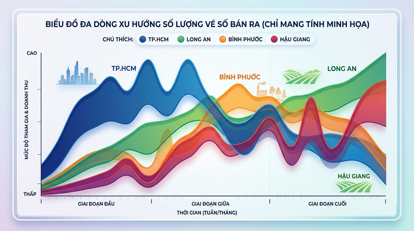 Biểu đồ đa luồng hiển thị cùng lúc dữ liệu của 4 nhà đài, với các đường xu hướng chồng lấp tạo thành ma trận hội tụ.