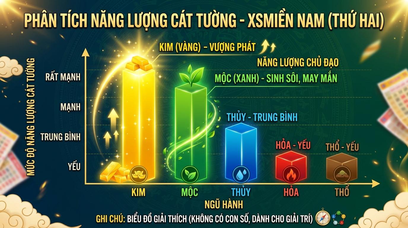 Biểu đồ phân tích vượng khí Thứ 2 với sự trỗi dậy của các cột màu vàng và xanh lá, biểu thị hành Kim và Mộc đang chiếm ưu thế.