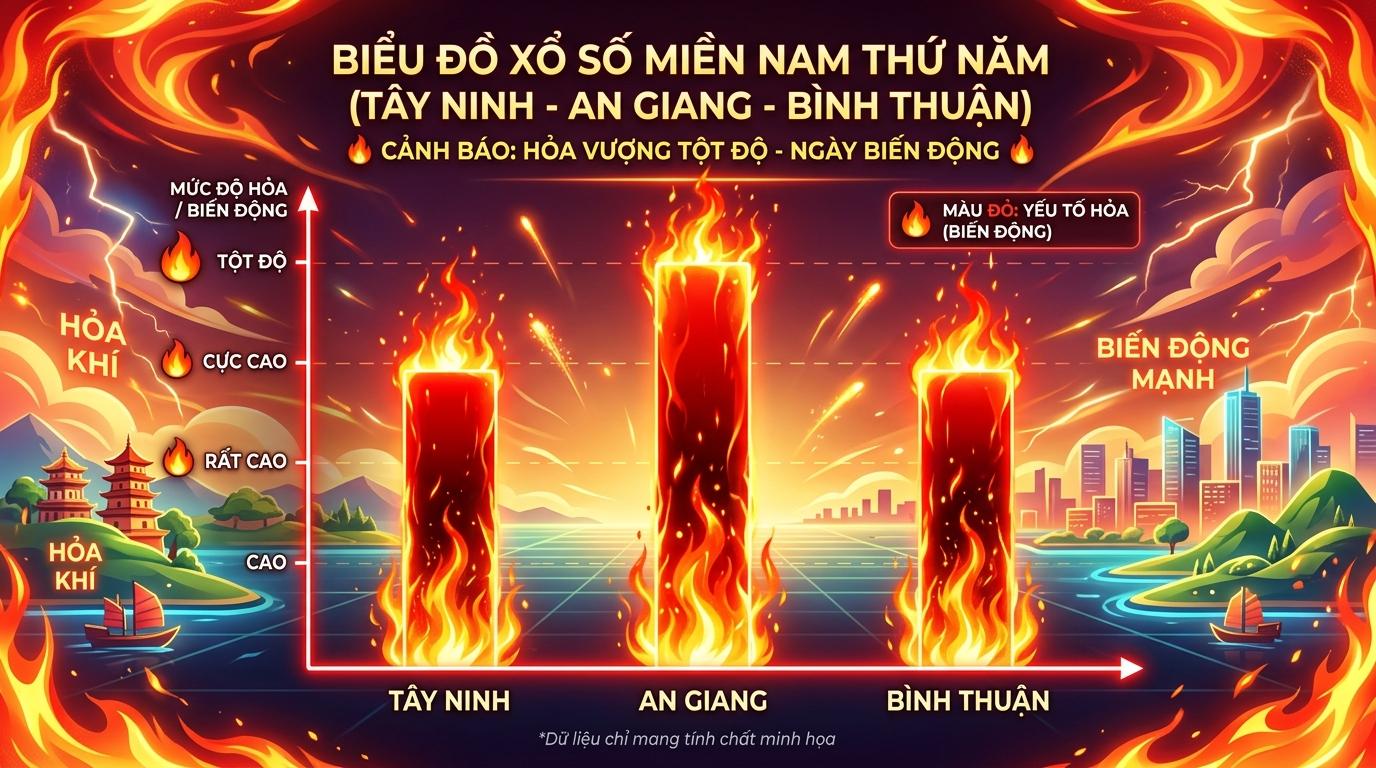 Biểu đồ cột Thứ 5 nổi bật với màu đỏ rực của hành Hỏa đạt mức cao nhất, cảnh báo một ngày đầy biến động.