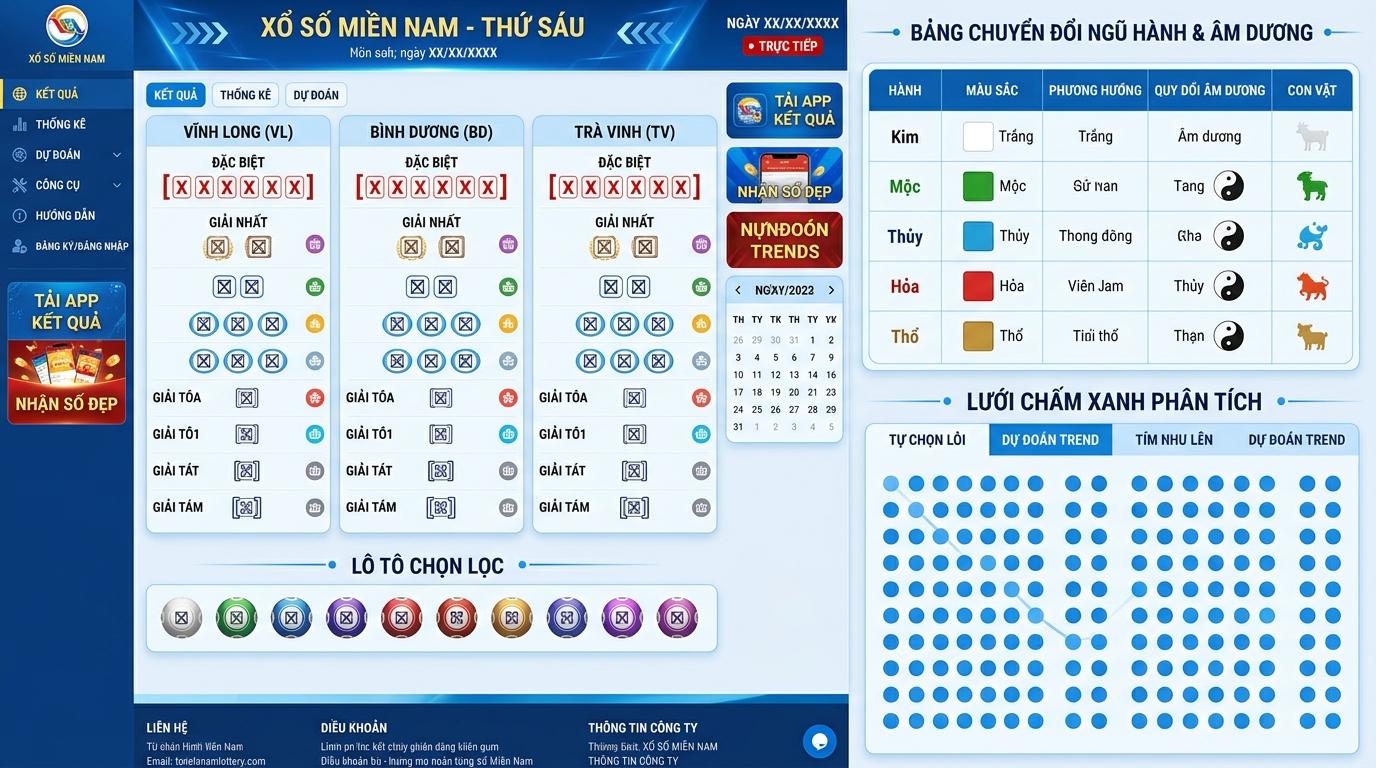 Màn hình giao diện Thứ 6 với bảng quy đổi bóng âm dương chi tiết, kết hợp biểu đồ mạng lưới các chấm tròn màu xanh dương.