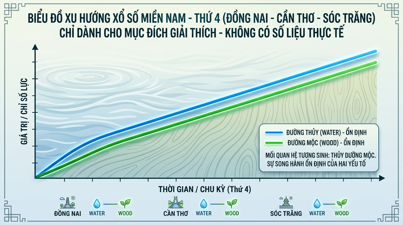 Biểu đồ đường xu hướng Thứ 4 với hai đường màu xanh dương và xanh lá song hành, biểu thị mối quan hệ Thủy sinh Mộc bền vững.