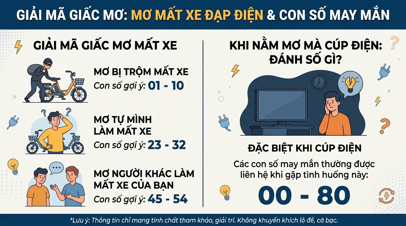 Nằm mơ mất xe đạp điện, cúp điện đánh con gì
