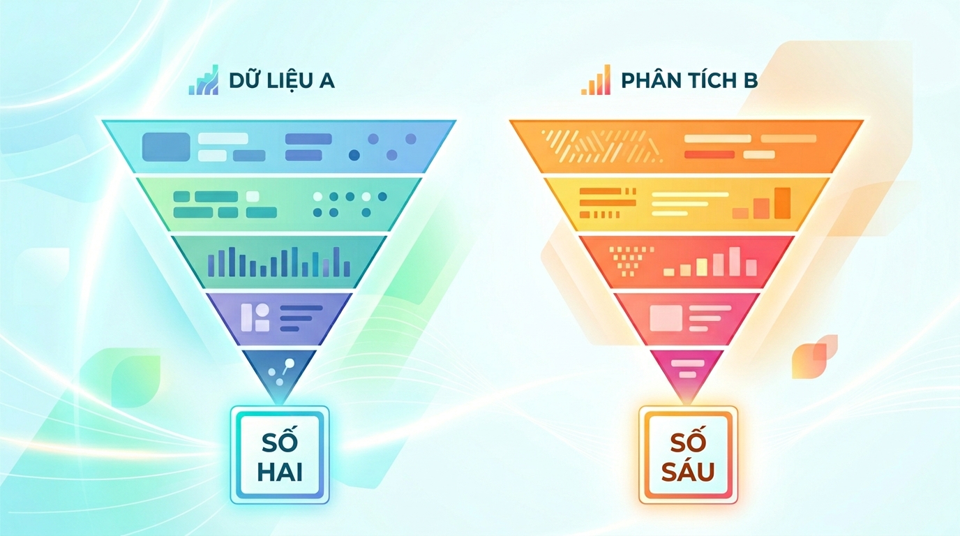 Hai biểu đồ tháp tam giác ngược đặt cạnh nhau trên một nền sáng. Mỗi tháp bao gồm các hàng số thu hẹp dần xuống dưới và kết thúc bằng một ô vuông chứa hai chữ số.