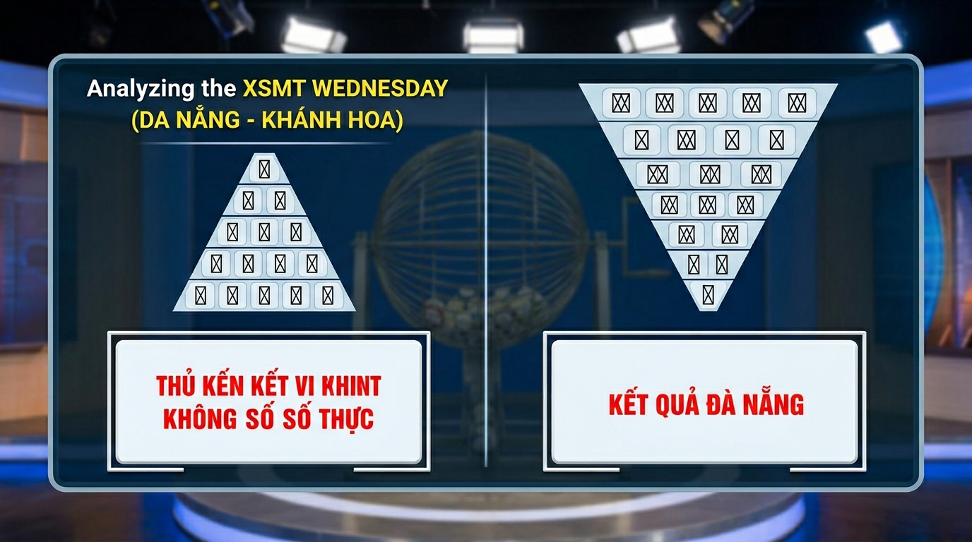 Màn hình chia làm hai nửa, mỗi nửa hiển thị một tháp chữ số hình tam giác ngược và một khung hình chữ nhật chứa các chữ số màu đỏ.