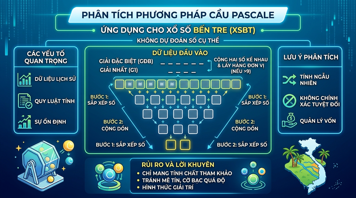 Biểu đồ tam giác Pascal đài Bến Tre hiển thị dãy số đầu vào từ Giải Đặc Biệt và Giải Nhất cùng kết quả Bạch thủ ở đáy tháp.