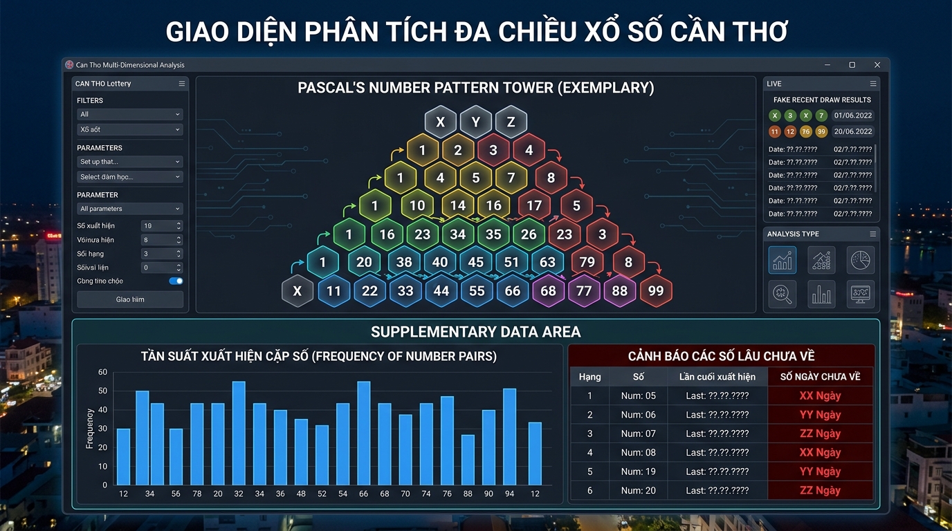 Biểu đồ tháp tam giác Pascal đài Cần Thơ hiển thị dãy số 11 chữ số gốc và các hàng cộng dồn thu nhỏ dần về cặp số Bạch thủ ở đáy.