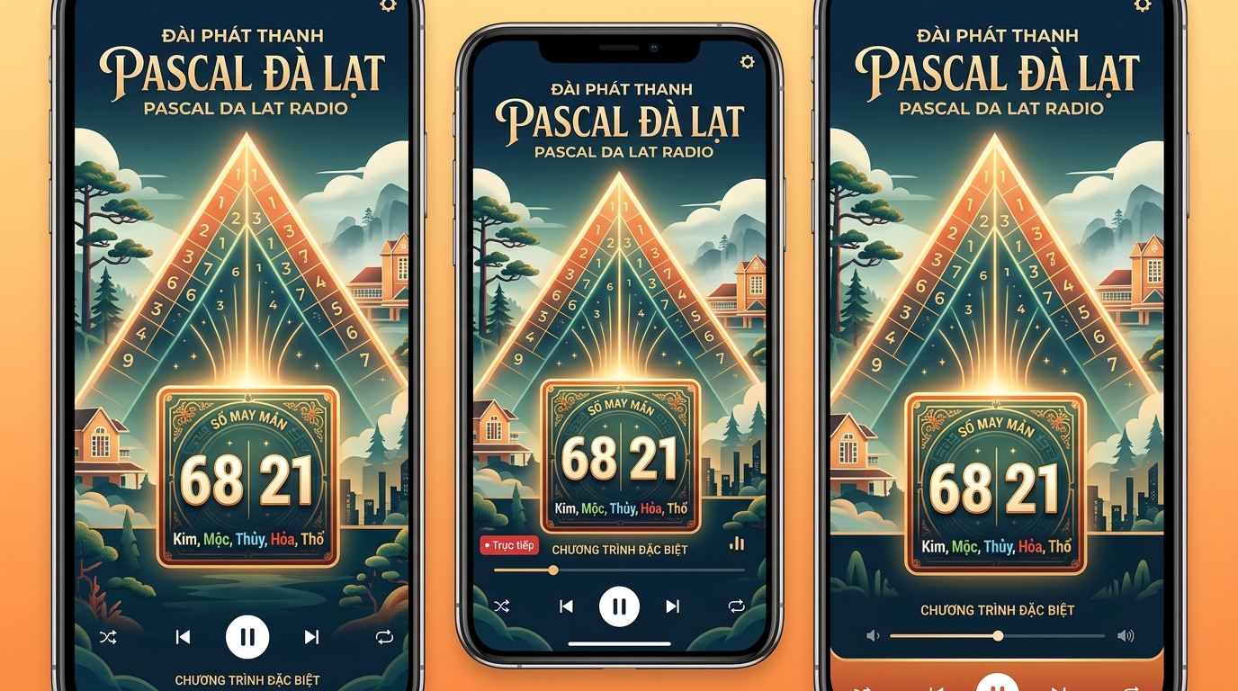 Giao diện tháp Pascal đài Đà Lạt hiển thị trên điện thoại, làm nổi bật ô chứa hai chữ số Bạch thủ ở trung tâm đáy tháp, kèm theo dòng chữ nhỏ phân tích ngũ hành bên dưới.