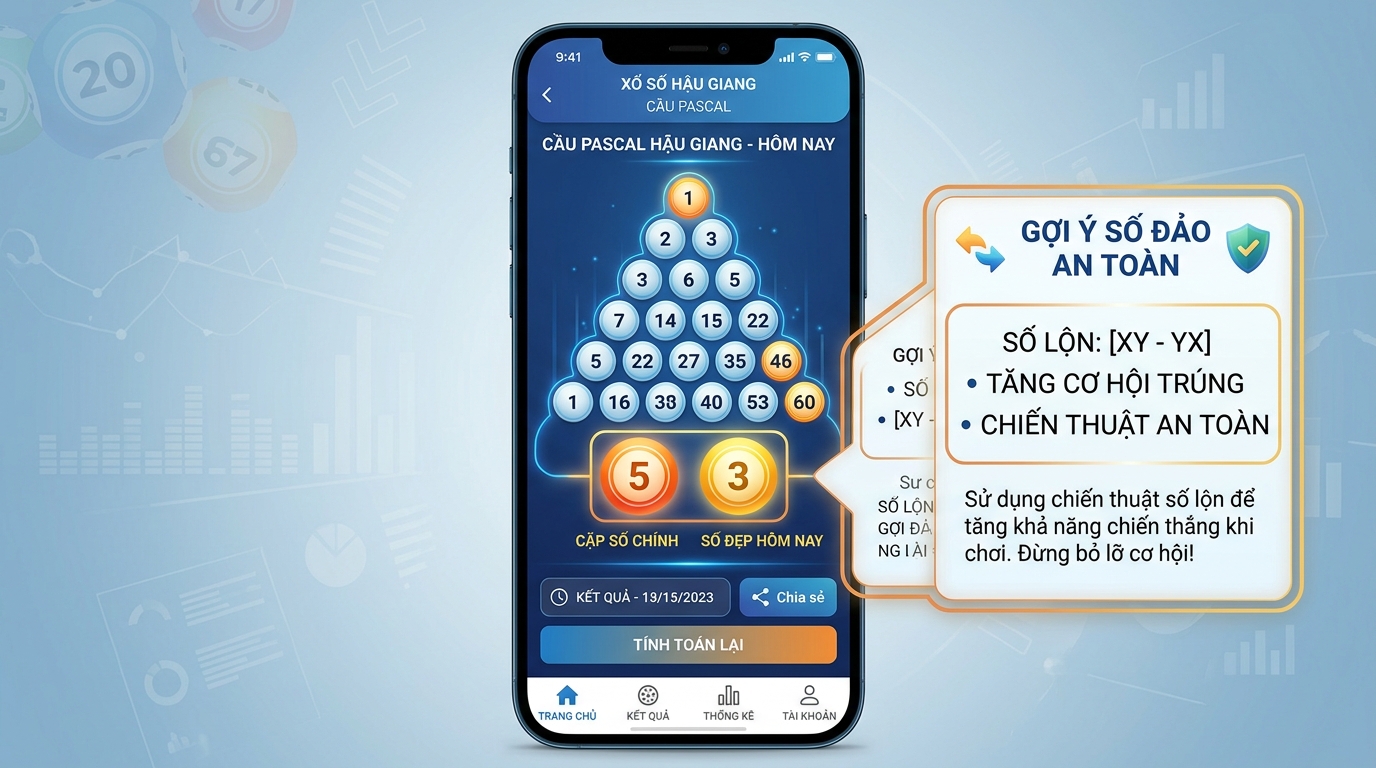 Hình ảnh giao diện soi cầu Pascal đài Hậu Giang hiển thị rõ nét cặp số Bạch thủ ở vị trí trung tâm đáy tháp, kèm theo dòng gợi ý đánh lót.