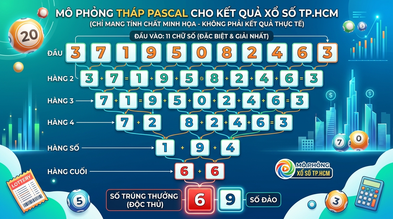 Giao diện tháp Pascal đài TP.HCM hiển thị dãy số 11 chữ số nằm ngang ở trên cùng, các hàng bên dưới hẹp dần tạo thành hình tam giác ngược với cặp số Bạch thủ màu đỏ ở dưới đáy.