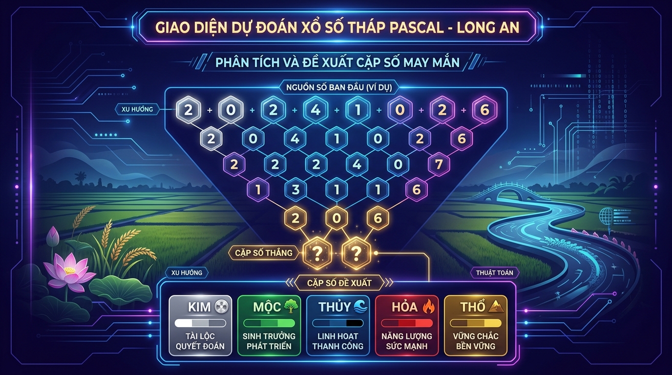 Biểu đồ tháp Pascal đài Long An trên nền tối, bao gồm các tầng số cộng dồn nhỏ dần và một ô vuông chứa cặp Bạch thủ ở đáy tam giác kèm theo thông số phụ bên dưới.