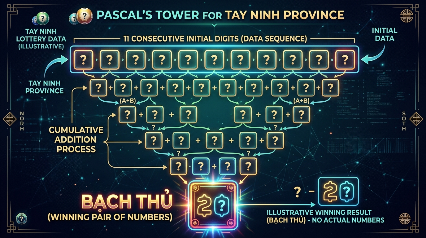 Giao diện tháp Pascal đài Tây Ninh hiển thị chuỗi 11 chữ số đầu vào và kết quả Bạch thủ ở đáy tháp.