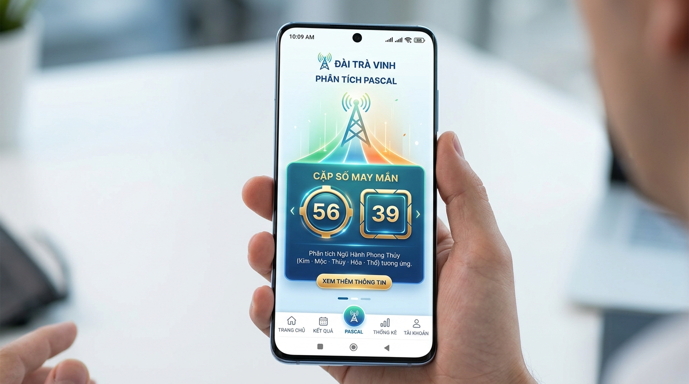 Màn hình giao diện thiết bị di động hiển thị tháp Pascal đài Trà Vinh với cặp Bạch thủ ở giữa và dòng phân tích ngũ hành bên dưới.