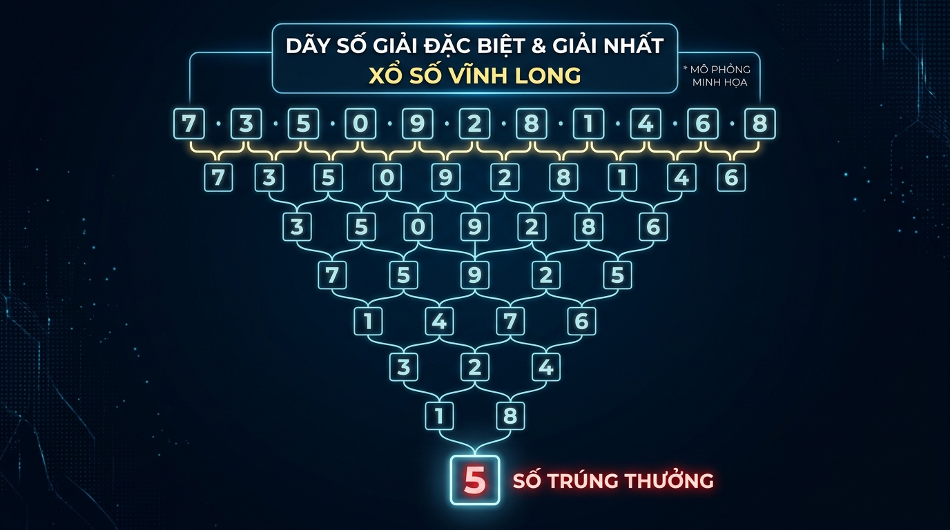 Giao diện hiển thị tháp Pascal đài Vĩnh Long với 11 chữ số gốc nằm ngang ở trên cùng và cặp số Bạch thủ màu đỏ ở dưới đáy.