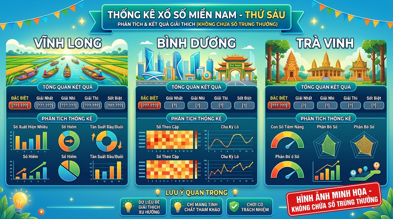 Tổng quan thống kê xổ số miền nam thứ 6 đài Vĩnh Long, Bình Dương, Trà Vinh