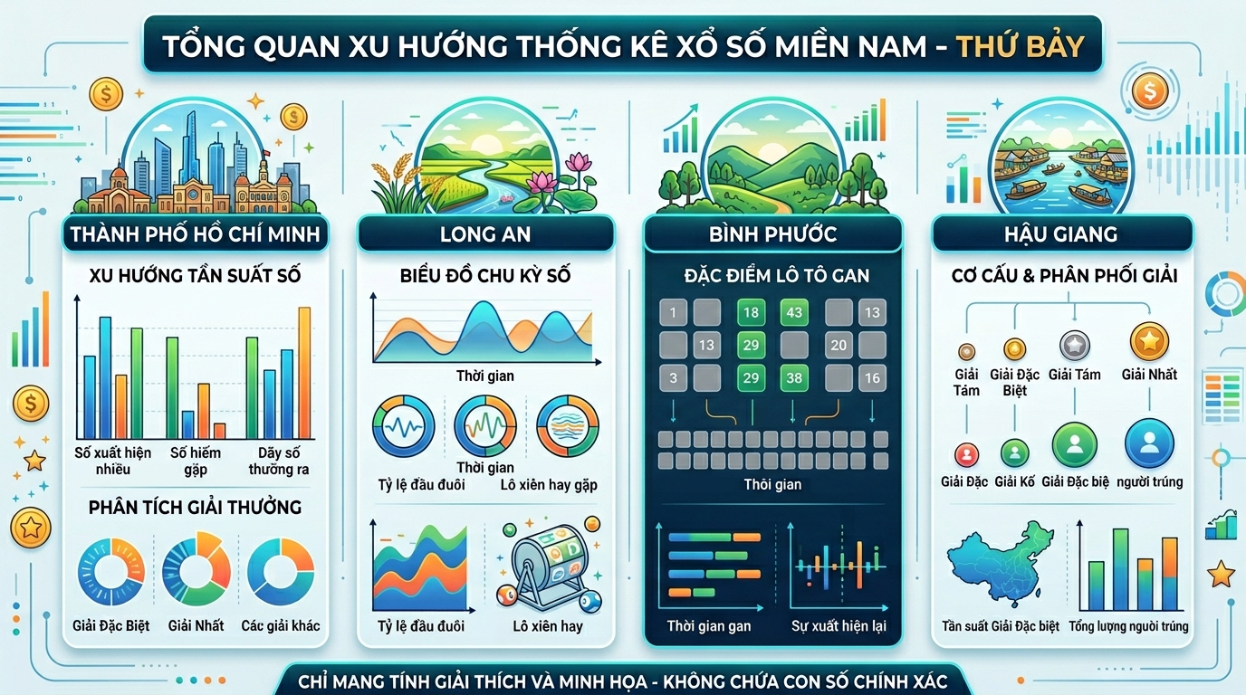 Tổng quan thống kê xổ số miền nam thứ 7 đài TP.HCM, Long An, Bình Phước, Hậu Giang
