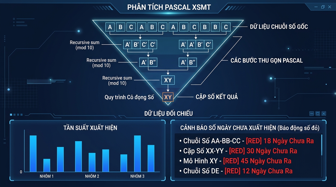 Màn hình hiển thị phần trên là một cấu trúc số dạng tam giác ngược với hàng trên cùng dài nhất. Phần dưới bên trái là biểu đồ các cột dọc màu xanh, phần dưới bên phải là một khung hình chữ nhật có chứa chữ số kích thước lớn được tô màu đỏ.