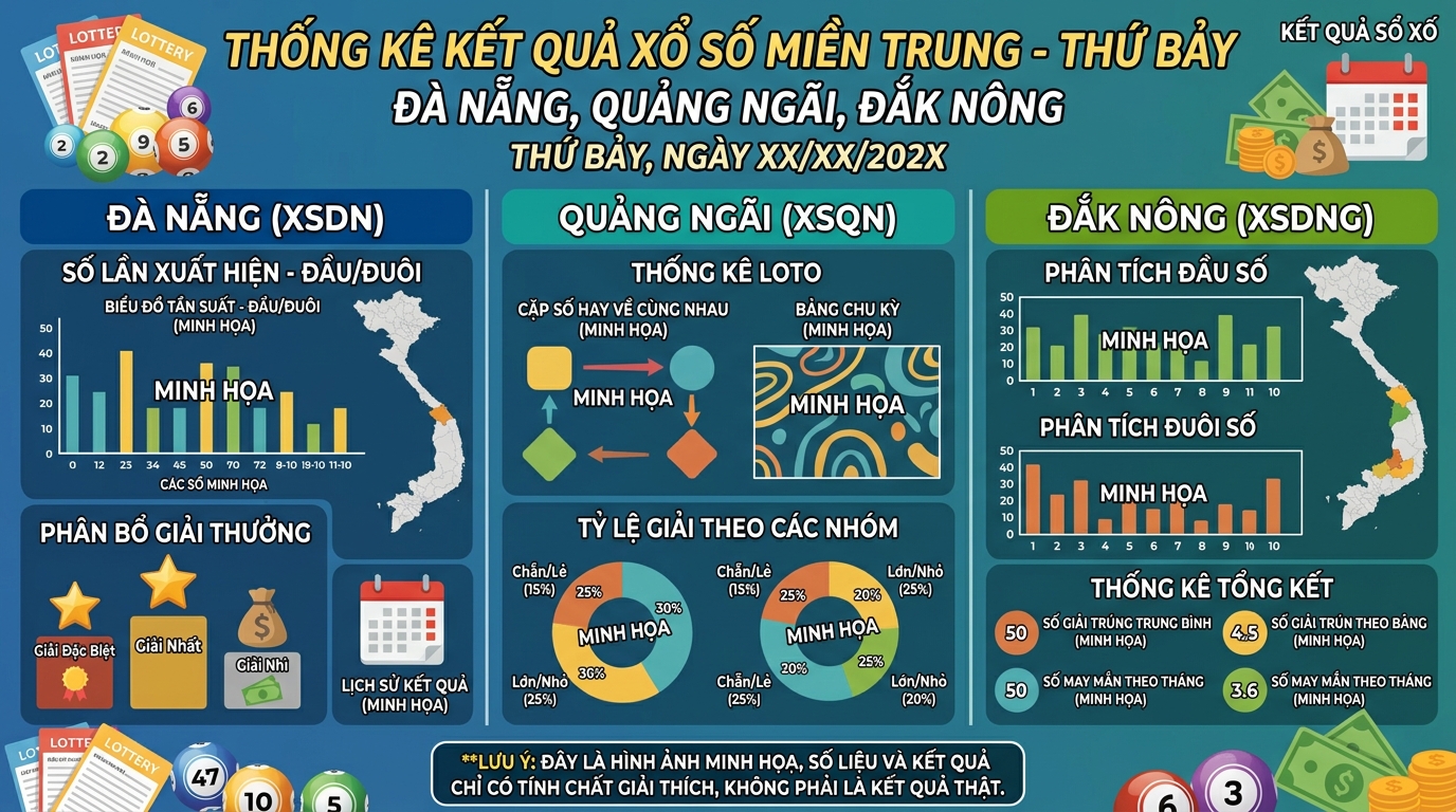 Tổng quan thống kê xổ số miền trung Thứ 7 đài Đà Nẵng, Quảng Ngãi, Đắk Nông